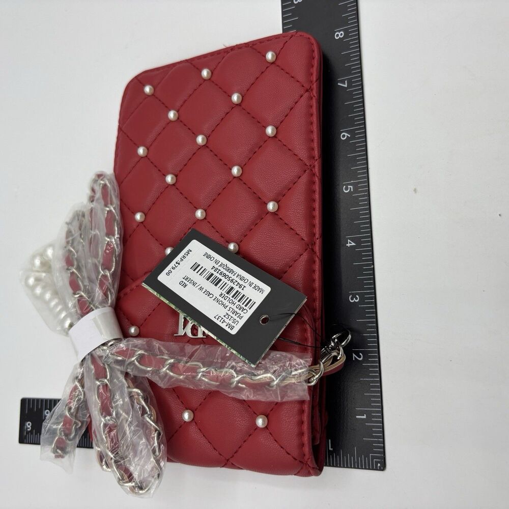 Badgley Mischka Red Phone Case Purse w/ Diamond Quilting & Pearls Cardholder NEW - Picture 5 of 8